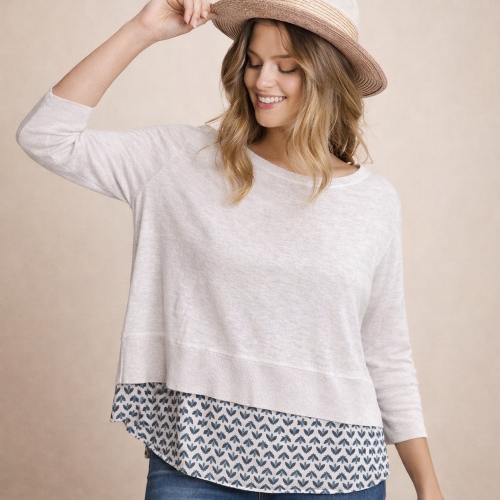 LOFT S Mixed Media Knit Top Ivory Floral Hem and Back Panel‎